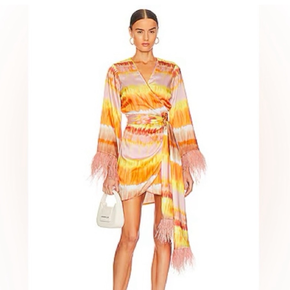 Alexis Viona Feather-Trim Mini Wrap Dress LARGE - Picture 1 of 7